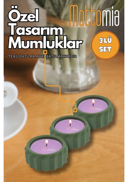 3'lü 3D Baskı Modern Dekoratif Yeşil Mumluk Seti - Tealight Minimal Parti Kına Düğün Mumluklar