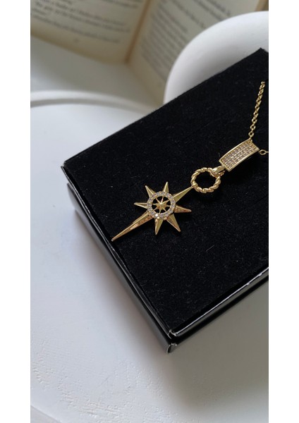 Kutup Yıldızlı Zirkon Taşlı 316L Çelik Kolye Gold