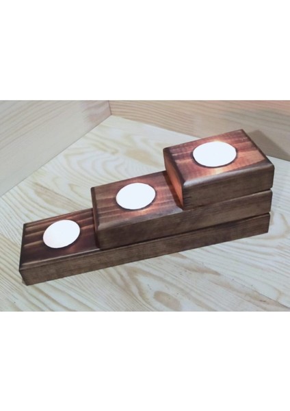 Dekoratif Doğal Ahşap 3 Lü Set Mumluk Oyma Şamdan Tealight Mumlar ile