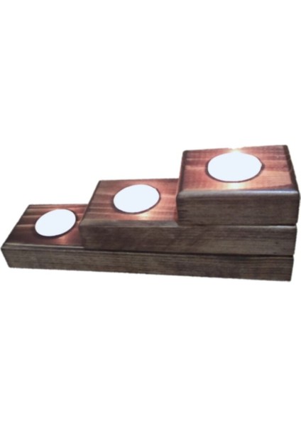 Dekoratif Doğal Ahşap 3 Lü Set Mumluk Oyma Şamdan Tealight Mumlar ile