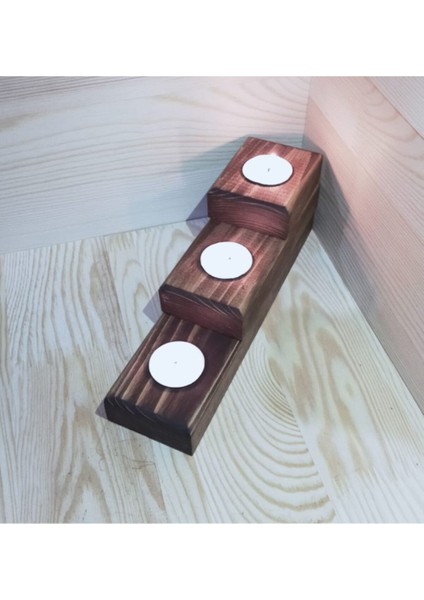 Dekoratif Doğal Ahşap 3 Lü Set Mumluk Oyma Şamdan Tealight Mumlar ile