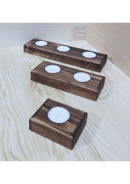 Dekoratif Doğal Ahşap 3 Lü Set Mumluk Oyma Şamdan Tealight Mumlar ile