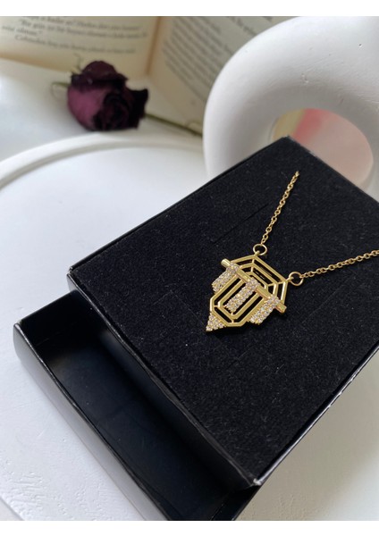 Vintage Tasarım Zirkon Taşlı 316L Çelik Kolye Gold