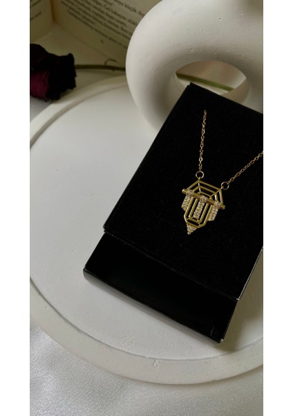 Vintage Tasarım Zirkon Taşlı 316L Çelik Kolye Gold