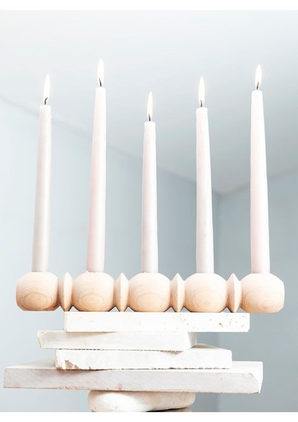 Naturel Wooden Ahşap 5'li Şamdan Dekoratif Şamdan