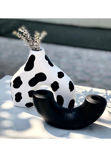 Siyah Benek Bipod Vazo & Siyah Şamdan & Mumluk 2’li Set