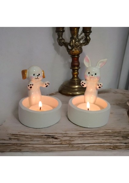 Dekoratif Ateş Başında Isınan Köpek ve Tavşan Seti Tealight Mumluk