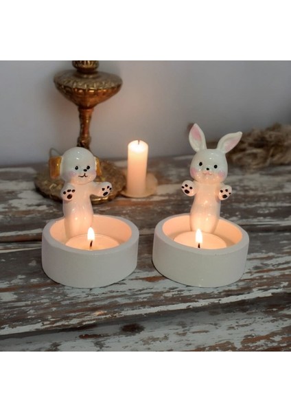 Dekoratif Ateş Başında Isınan Köpek ve Tavşan Seti Tealight Mumluk