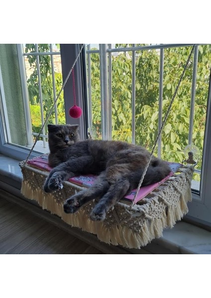 Makrome Vantuzlu Hamak Cam Kedi Yatağı, Pamuklu Mat ve Örgü Toplu (Ekru)