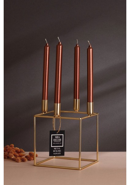 Dörtlü Küp Şamdan Mumluk Dekoratif Mumluk Gold Paslanmaz Gold Metal 20 cm Ev Dekorasyon