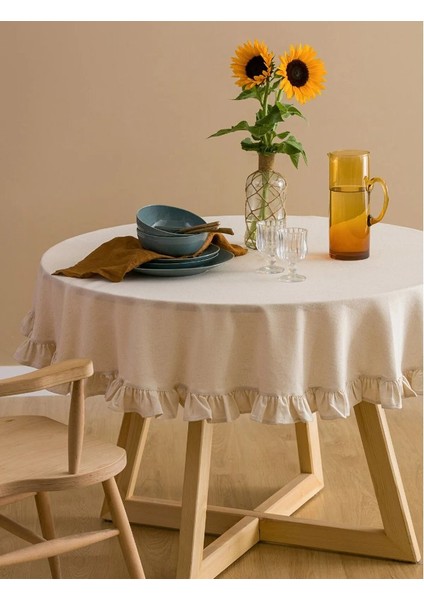 Fırfırlı Yıkanmış Buldan Keten Sade Düz Pamuklu Naturel Bej Yuvarlak Masa Örtüsü