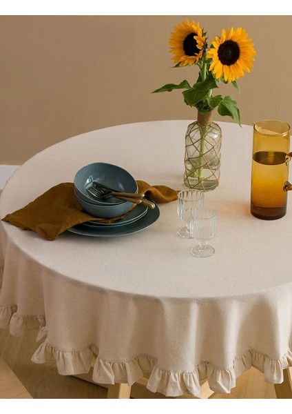 Fırfırlı Yıkanmış Buldan Keten Sade Düz Pamuklu Naturel Bej Yuvarlak Masa Örtüsü fiyatları
