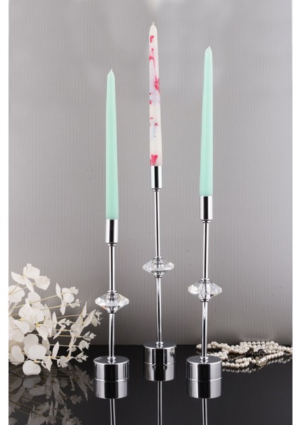 Contes 3'lü Lüks Şamdan Kristal Dekorlu Gümüş Kaplama Metal Mumluk