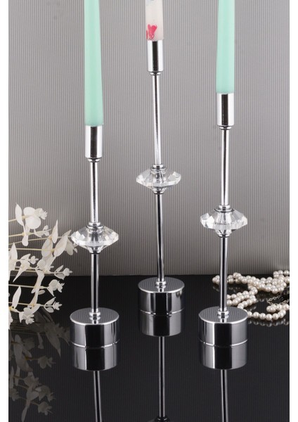 Contes 3'lü Lüks Şamdan Kristal Dekorlu Gümüş Kaplama Metal Mumluk fiyatları