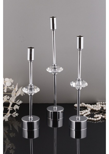 Contes 3'lü Lüks Şamdan Kristal Dekorlu Gümüş Kaplama Metal Mumluk modelleri