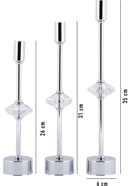 Contes 3'lü Lüks Şamdan Kristal Dekorlu Gümüş Kaplama Metal Mumluk indirimleri