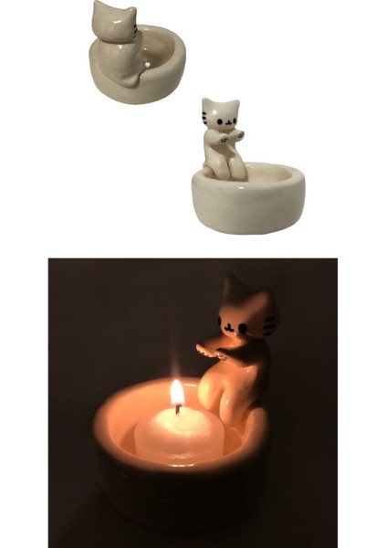 Üşüyen Kedi Mumluk, Tealight Mumluk, Ateş Başında Isınan Kedi Mumluk, Dekoratif Obje