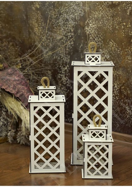 Dekoratif 3lü Ahşap Fener Mumluk Beyaz