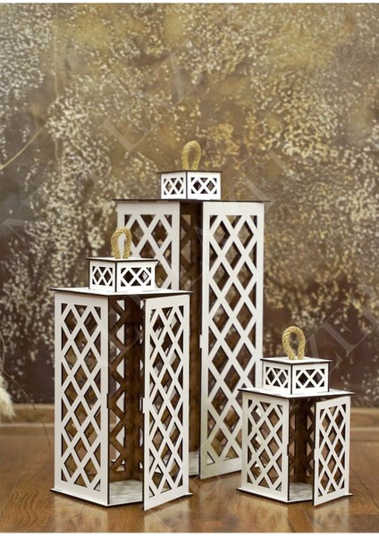 Dekoratif 3lü Ahşap Fener Mumluk Beyaz fiyatları