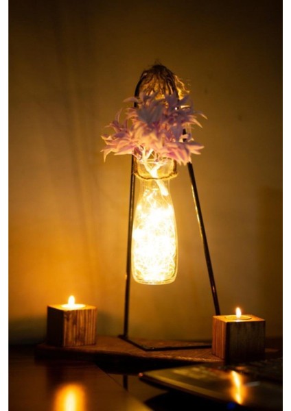 Dekoratif Süs Doğal Ahşap Mumluk Hediyelik LED Işıklı Cam Masa Süsü