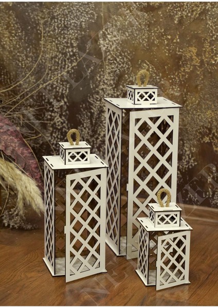 Dekoratif 3lü Ahşap Fener Mumluk Beyaz modelleri