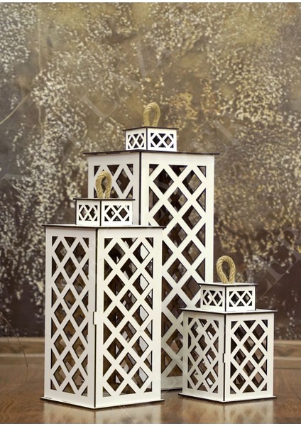 Dekoratif 3lü Ahşap Fener Mumluk Beyaz fırsatları