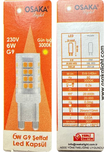 (8 adet) Osaka 6W 3000K (Sarı Işık) G9 Duylu LED Kapsül ampul