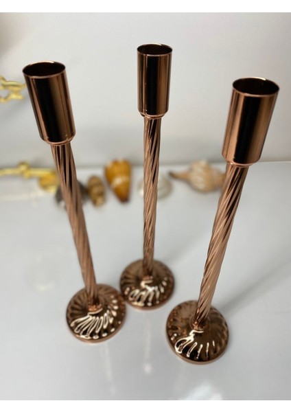 Burgulu Bakır Renk Kaplamalı Şamdan Mumluk Seti - 3'lü Dekoratif Metal Mumluklar modelleri