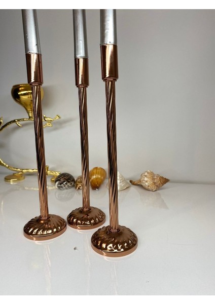 Burgulu Bakır Renk Kaplamalı Şamdan Mumluk Seti - 3'lü Dekoratif Metal Mumluklar fırsatları