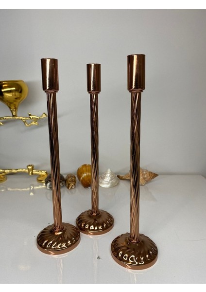 Burgulu Bakır Renk Kaplamalı Şamdan Mumluk Seti - 3'lü Dekoratif Metal Mumluklar indirimleri