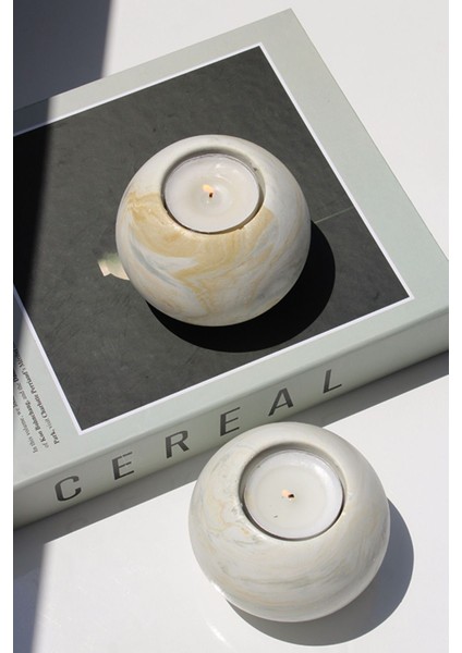 Mermer Desenli 2'li Beton Tealight Mumluk - Dekoratif ve Şık
