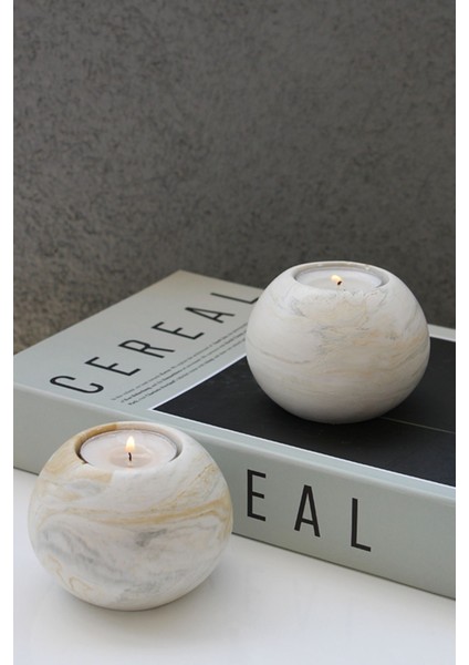 Mermer Desenli 2'li Beton Tealight Mumluk - Dekoratif ve Şık fiyatları