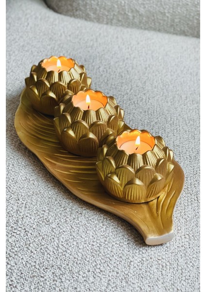 Lotus Çiçeği Beton Mumluk-Yaprak Tepsi-Mini Saksı 4'lü Aksesuar Seti-Dekoratif Obje, Ev Dekorasyon
