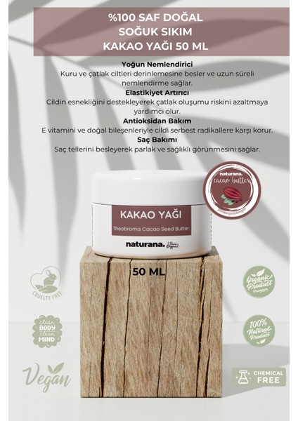 Saf Doğal Soğuk Sıkım Kakao Yağı 50 ml Theobroma Cacao Seed Butter