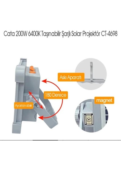CT-4698 Miami Güneş Enerjili Solar 200 W LED Projektör - 6400K + 4000K + 3200K Çakar Işıklı fiyatları