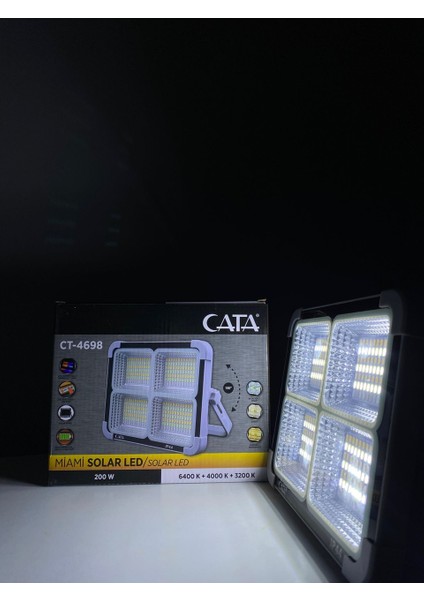 CT-4698 Miami Güneş Enerjili Solar 200 W LED Projektör - 6400K + 4000K + 3200K Çakar Işıklı indirimleri