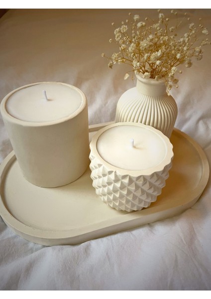 Tepsili Beton Mum ve Vazo Set Dekoratif Çiçekli Vanilya Kokulu Soya Doğal Mum Seti-Orta Sehpa Set