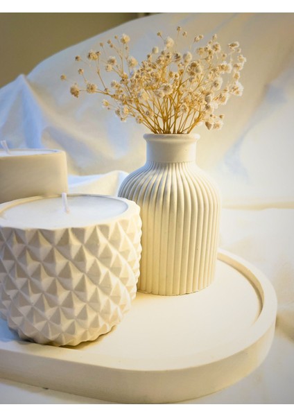 Tepsili Beton Mum ve Vazo Set Dekoratif Çiçekli Vanilya Kokulu Soya Doğal Mum Seti-Orta Sehpa Set modelleri