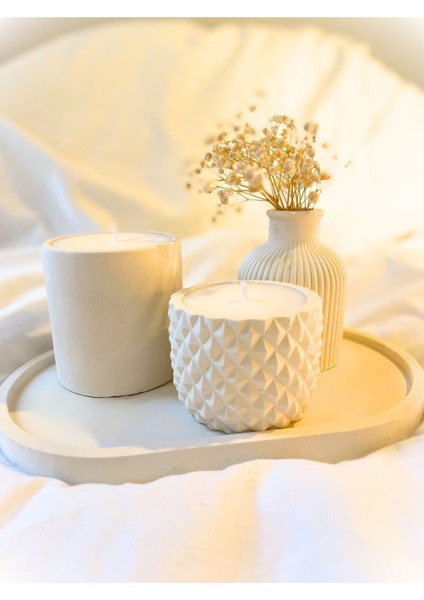 Tepsili Beton Mum ve Vazo Set Dekoratif Çiçekli Vanilya Kokulu Soya Doğal Mum Seti-Orta Sehpa Set fırsatları