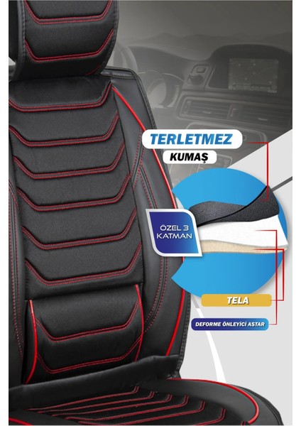 Isuzu D-Max Yeni Yarı Deri Oto Koltuk Kılıfı 5 Li Set Tuna Seri Siyah-Kırmızı