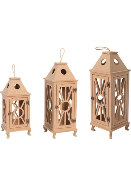 Ahşap Mdf Boyanabilir Dekoratif Fener Şamdan Mumluk( 3' Lü Set )