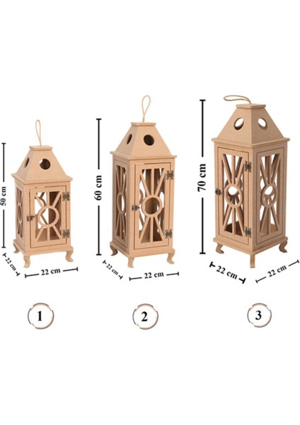Ahşap Mdf Boyanabilir Dekoratif Fener Şamdan Mumluk( 3' Lü Set )