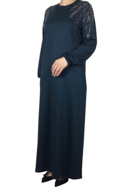 Kadın Omuzu Taşlı Kolları Lastikli Kristal Iki Iplik Penye Elbise modelleri