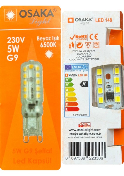 (3 adet) Osaka 5W 6500K (Beyaz Işık) G9 Duylu LED Kapsül ampul