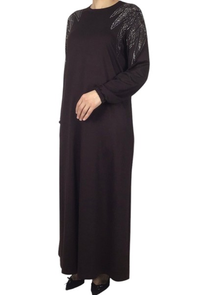 Kadın Omuzu Taşlı Kolları Lastikli Kristal Iki Iplik Penye Elbise