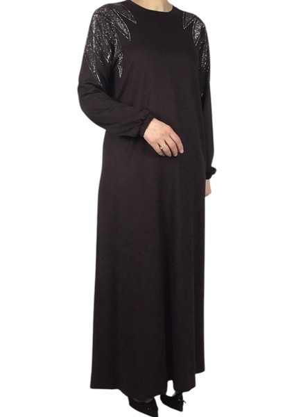 Kadın Omuzu Taşlı Kolları Lastikli Kristal Iki Iplik Penye Elbise fiyatları