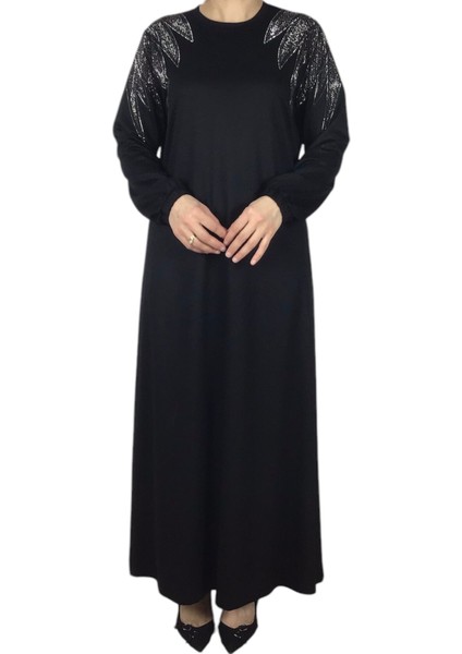 Kadın Omuzu Taşlı Kolları Lastikli Kristal Iki Iplik Penye Elbise fırsatları