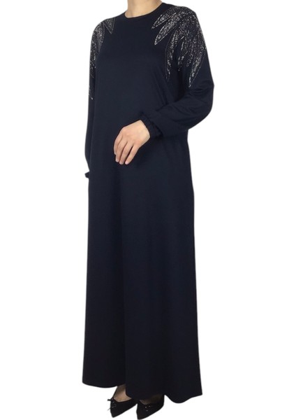 Kadın Omuzu Taşlı Kolları Lastikli Kristal Iki Iplik Penye Elbise indirimleri