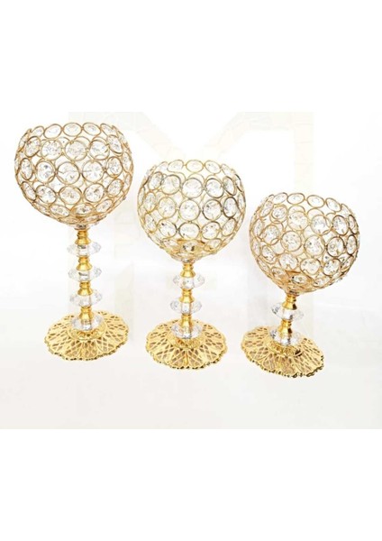 3 Lü Kristal Taşlı Gold Ayaklı Şamdan