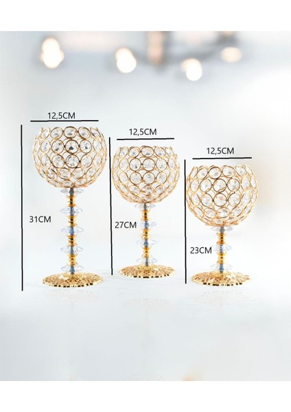 3 Lü Kristal Taşlı Gold Ayaklı Şamdan